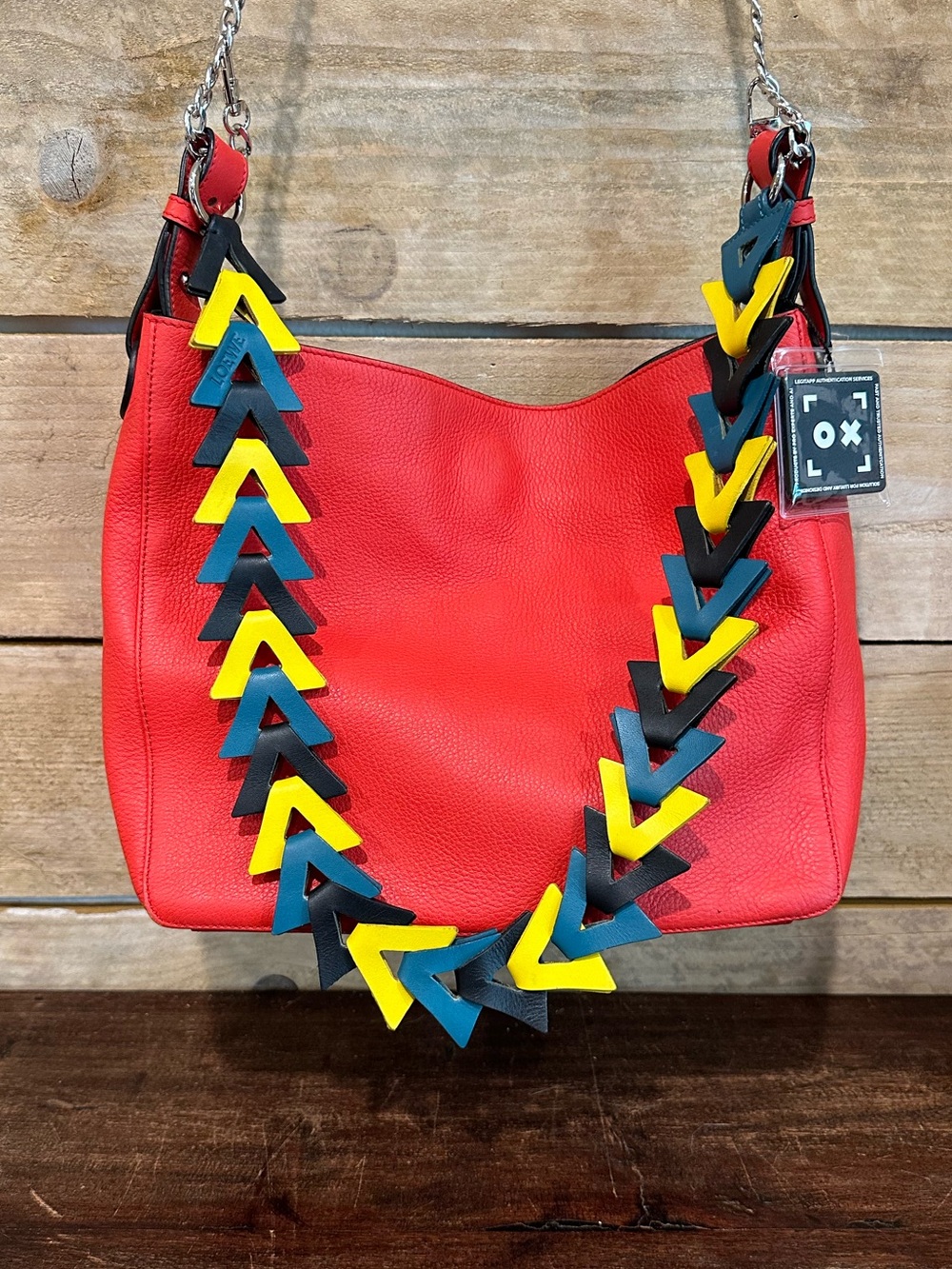 RARE Loewe Red Leather Shoulder Bag with Statement Strap and COA